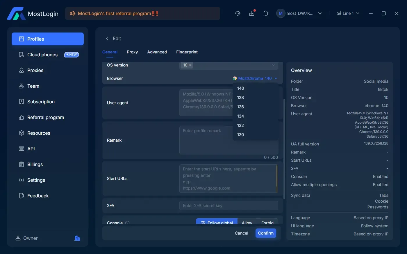 MostLogin 瀏覽器指紋自訂