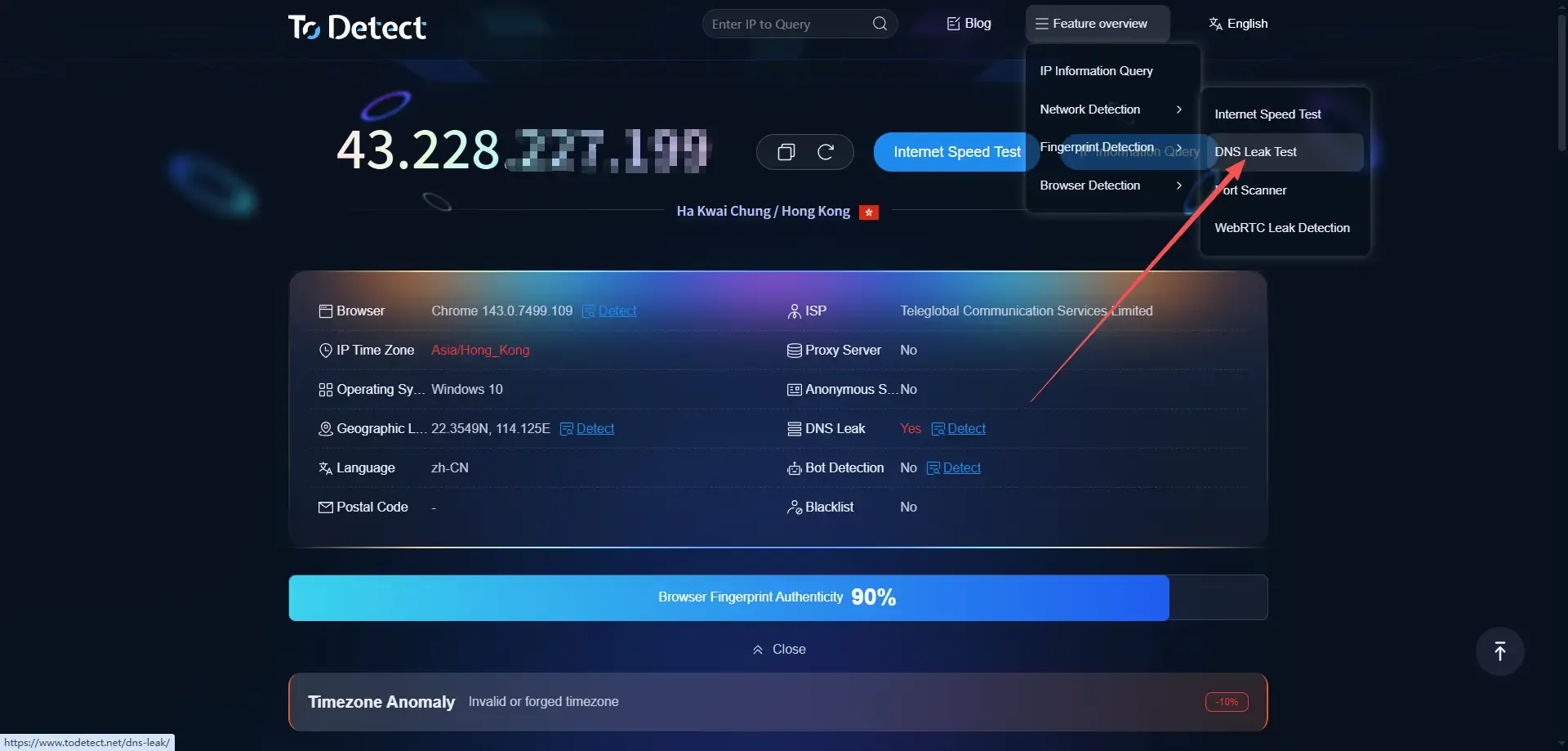 Truy cập trang phát hiện rò rỉ DNS của ToDetect